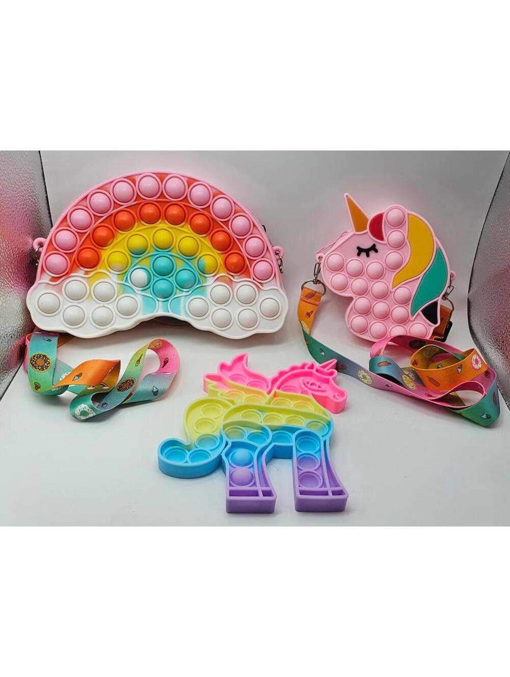 Rainbow and Unicorn Pop It Fidget Toy Set of 3 Crossbody Bags